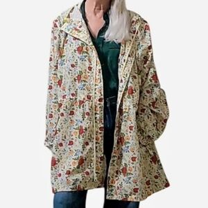 Lynda Anderson Floral Hooded Light Drawcord All Weather Rain Coat Sz XL cream